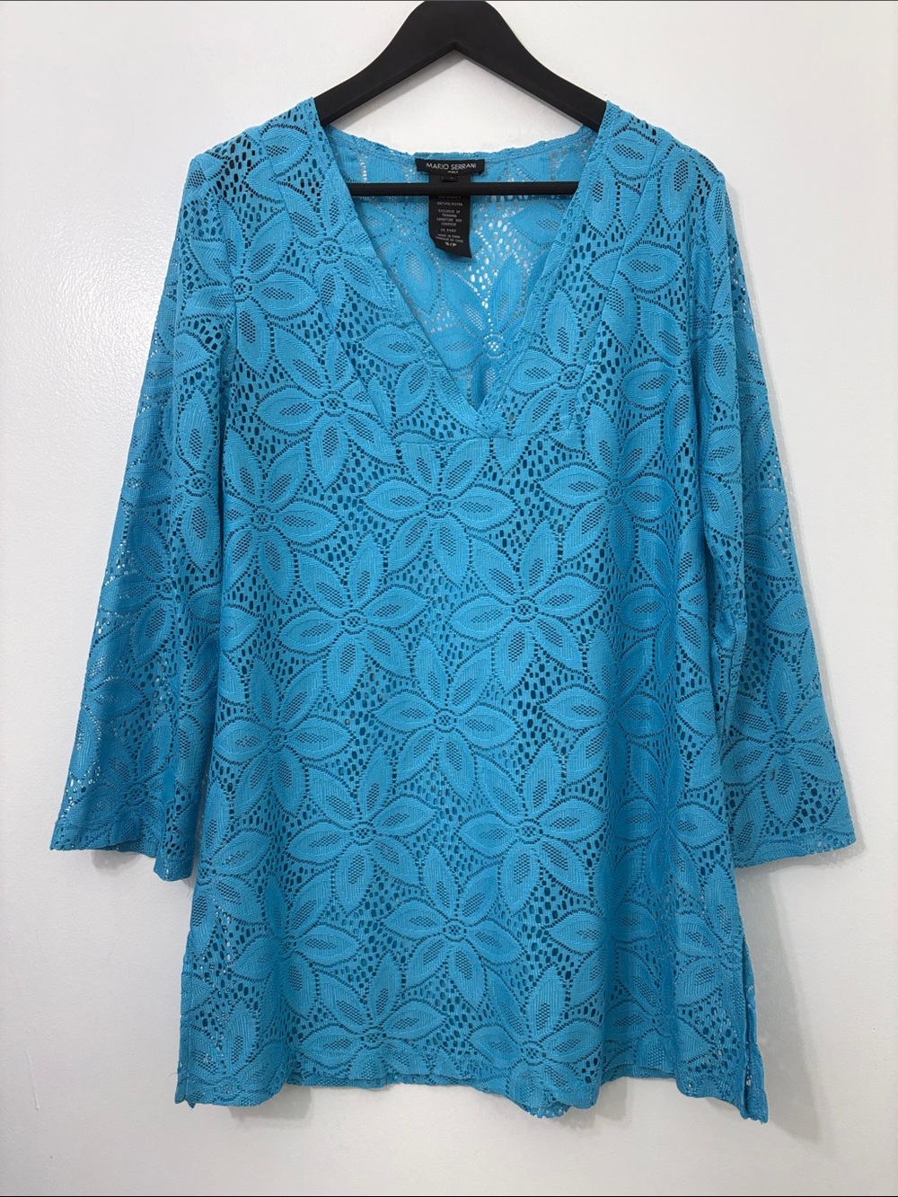 Mario Serrani Open Knit Mesh Tunic / Swim Cover Floral Design Turquoise Small